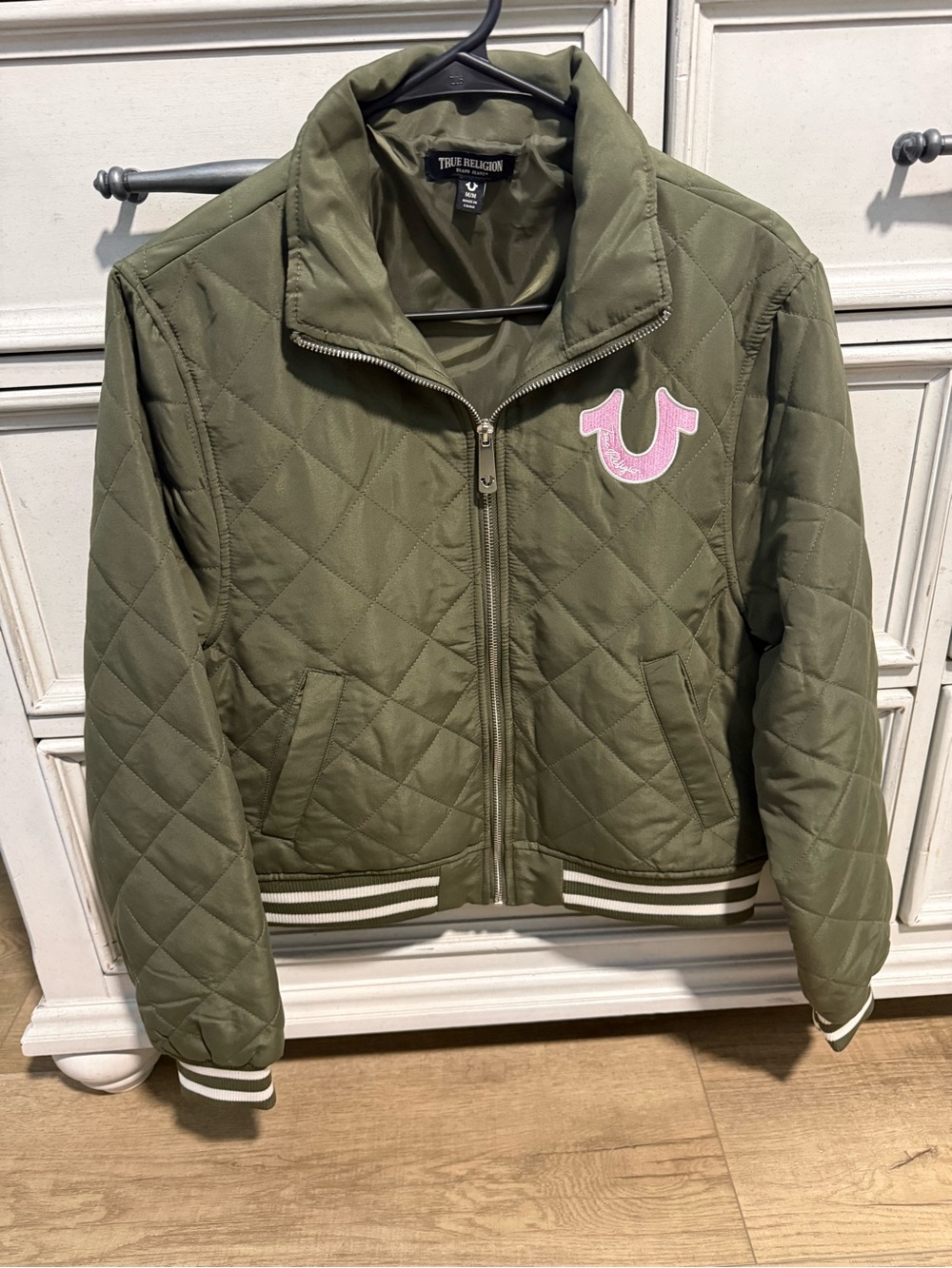 Woman’s True Religion Olive Quilted Jacket with Pink Logo